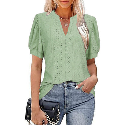 LB | Damska koszulka z krótkim rękawem V-Neck Hollow Out Solid Casual
