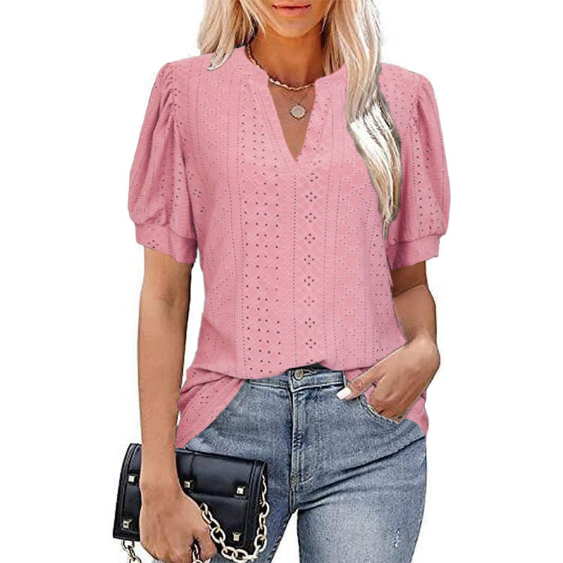 LB | Damska koszulka z krótkim rękawem V-Neck Hollow Out Solid Casual