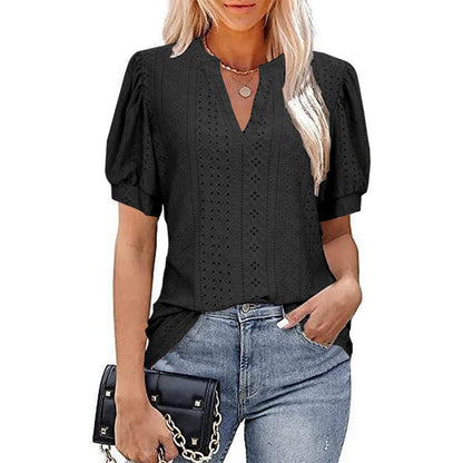 LB | Damska koszulka z krótkim rękawem V-Neck Hollow Out Solid Casual