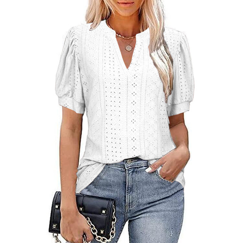 LB | Damska koszulka z krótkim rękawem V-Neck Hollow Out Solid Casual