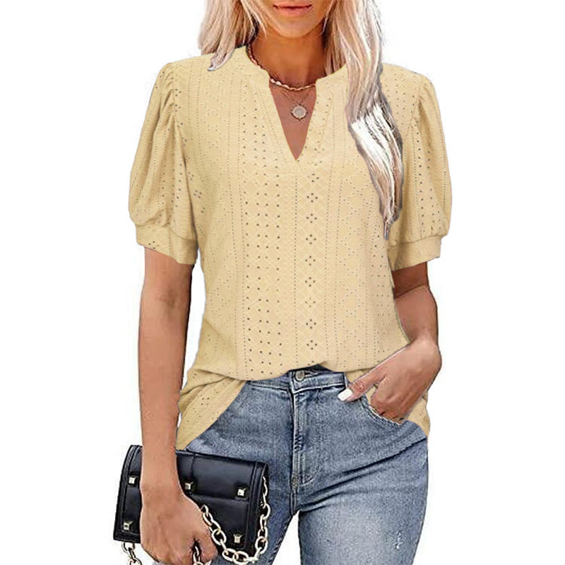 LB | Damska koszulka z krótkim rękawem V-Neck Hollow Out Solid Casual