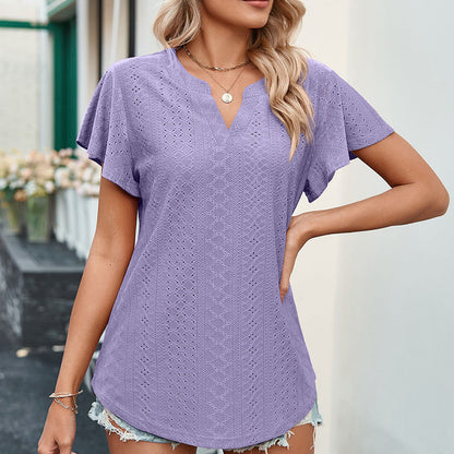 LB | Ladies V-Neck Flutter Ruffle Hollow Out Solid Koszulka z krótkim rękawem