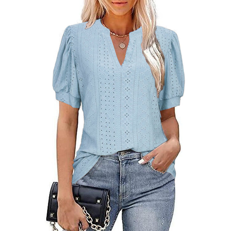 LB | Damska koszulka z krótkim rękawem V-Neck Hollow Out Solid Casual