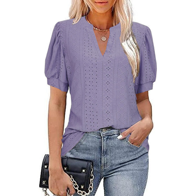 LB | Damska koszulka z krótkim rękawem V-Neck Hollow Out Solid Casual