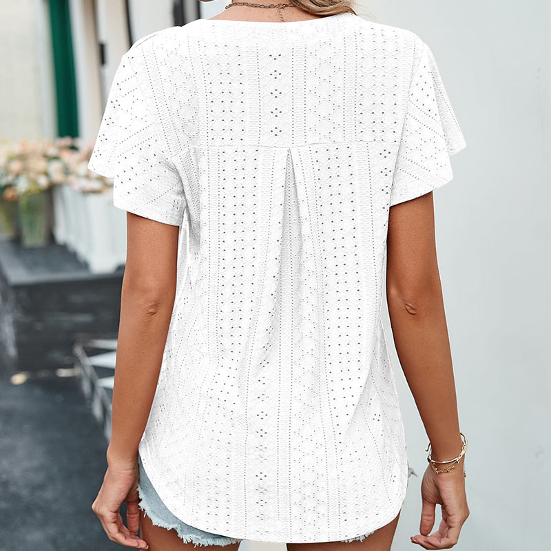 LB | Ladies V-Neck Flutter Ruffle Hollow Out Solid Koszulka z krótkim rękawem