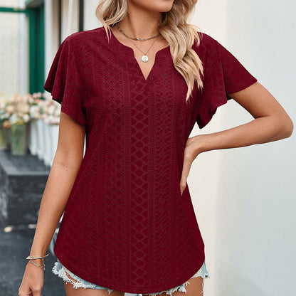 LB | Ladies V-Neck Flutter Ruffle Hollow Out Solid Koszulka z krótkim rękawem