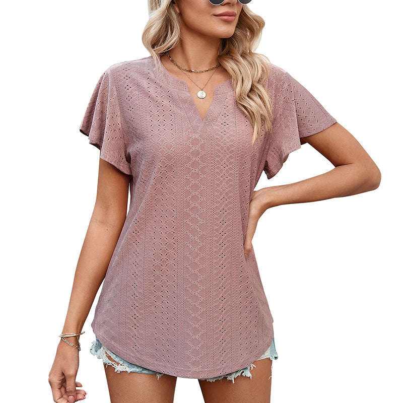 LB | Ladies V-Neck Flutter Ruffle Hollow Out Solid Koszulka z krótkim rękawem