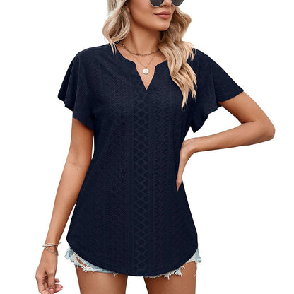 LB | Ladies V-Neck Flutter Ruffle Hollow Out Solid Koszulka z krótkim rękawem