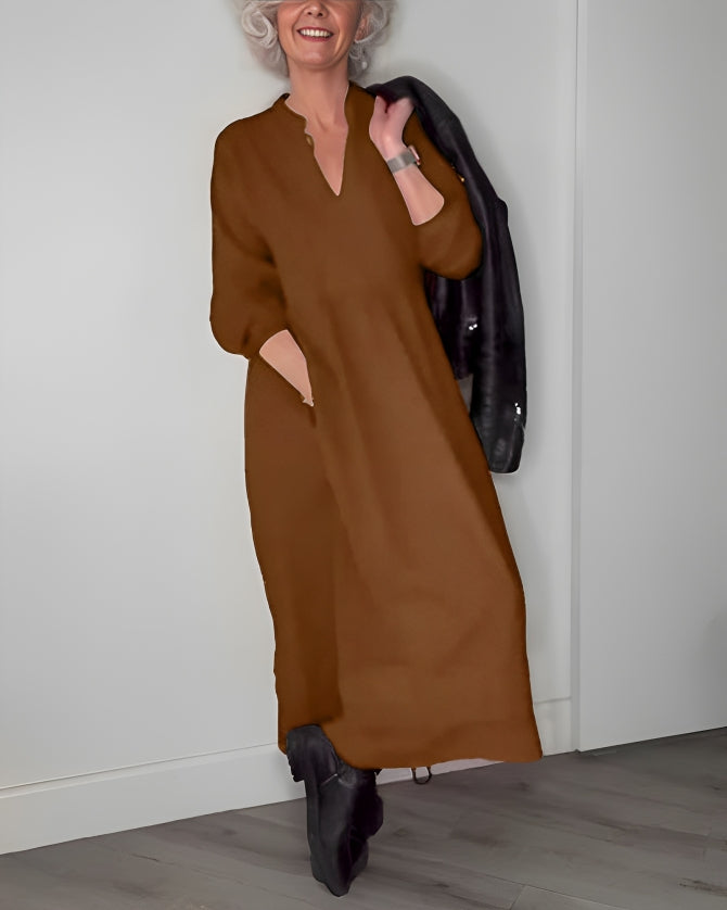 LB | AMANDA ���� ELEGANCKA SUKIENKA MAXI Z DŁUGIM RĘKAWEM I DEKOLTEM W SZPIC