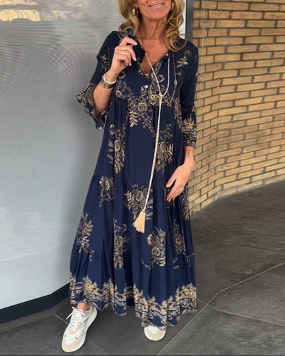 LB | Nora ���� Vintage luźna sukienka midi z dekoltem w szpic