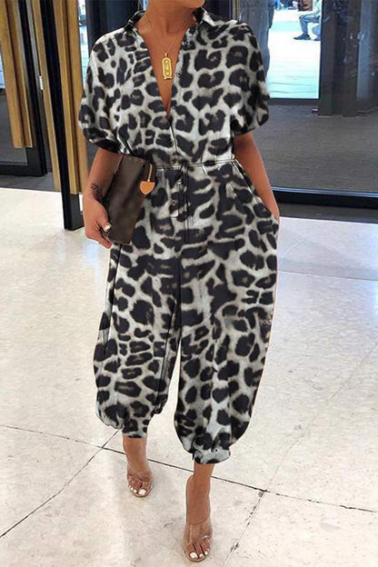 LB | Plus Size Casual Vintage Leopard Frenulum Print Luźne kombinezony