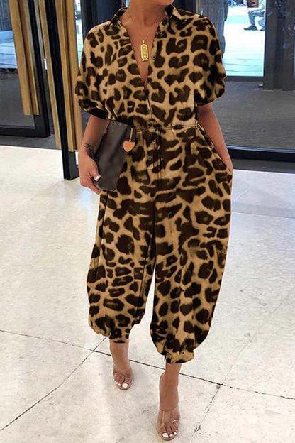 LB | Plus Size Casual Vintage Leopard Frenulum Print Luźne kombinezony