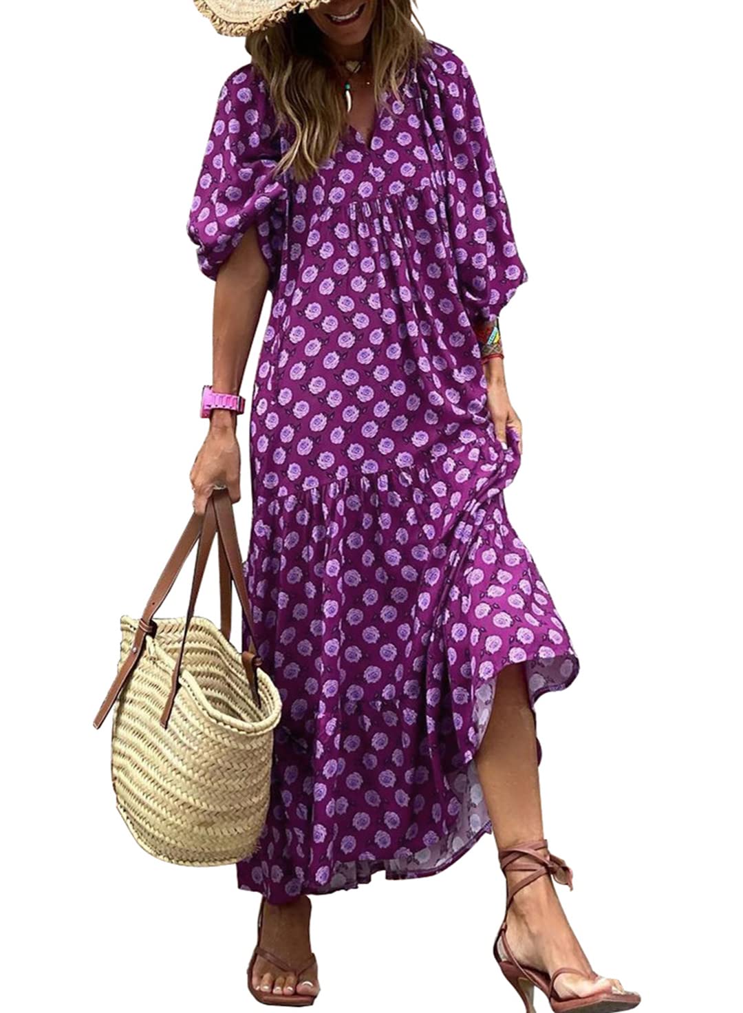 LB | WINONA ���� DAMSKA SUKIENKA MAXI Z BUFIASTYMI RĘKAWAMI W GEOMETRYCZNYM STYLU BOHO