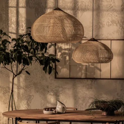Japandi - osvětlení ve stylu wabi-sabi, lehká bubnová lampa se závěsným stínidlem