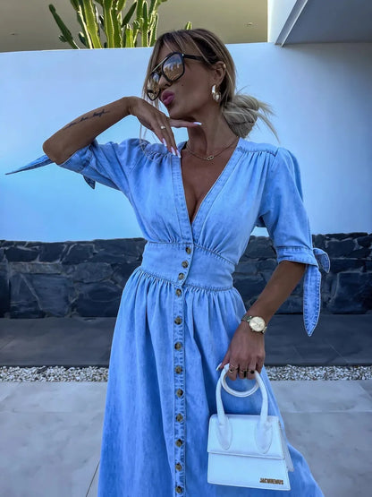 LB | stylowa casualowa sukienka maxi z guzikami w kolorze niebieskim