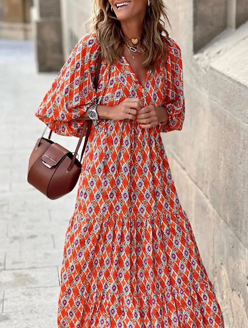 LB | WINONA ���� DAMSKA SUKIENKA MAXI Z BUFIASTYMI RĘKAWAMI W GEOMETRYCZNYM STYLU BOHO