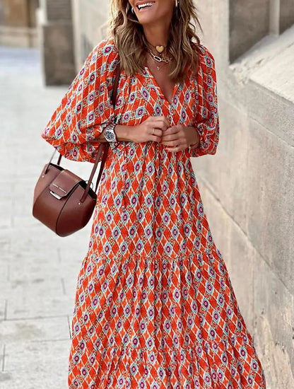 LB | WINONA ���� DAMSKA SUKIENKA MAXI Z BUFIASTYMI RĘKAWAMI W GEOMETRYCZNYM STYLU BOHO