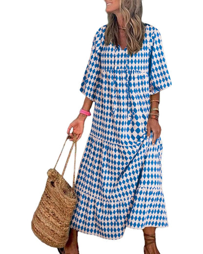LB | WINONA ���� DAMSKA SUKIENKA MAXI Z BUFIASTYMI RĘKAWAMI W GEOMETRYCZNYM STYLU BOHO