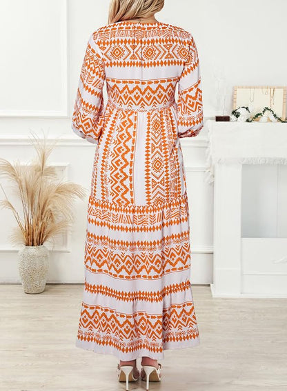 LB | WINONA ���� DAMSKA SUKIENKA MAXI Z BUFIASTYMI RĘKAWAMI W GEOMETRYCZNYM STYLU BOHO