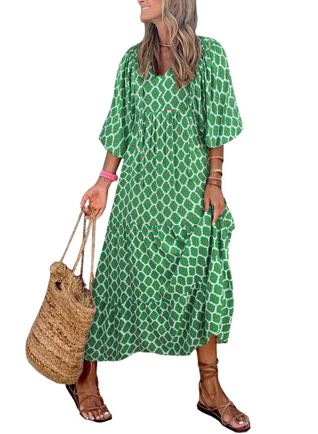 LB | WINONA ���� DAMSKA SUKIENKA MAXI Z BUFIASTYMI RĘKAWAMI W GEOMETRYCZNYM STYLU BOHO
