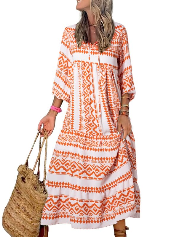 LB | WINONA ���� DAMSKA SUKIENKA MAXI Z BUFIASTYMI RĘKAWAMI W GEOMETRYCZNYM STYLU BOHO