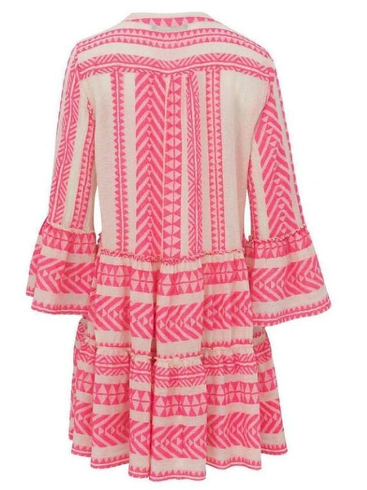 LB | Sukienka Swing Krótka Mini Sukienka Czarny Niebieski Różowy Zielony 3/4 Rękaw Geometryczny Nadruk Wiosna Lato V-Neck Boho Flare Mankiet Rękaw 2021 S M L XL XXL 3XL