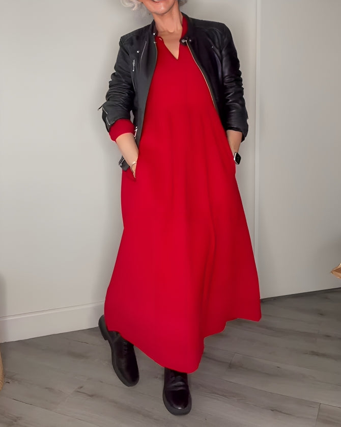 LB | AMANDA ���� ELEGANCKA SUKIENKA MAXI Z DŁUGIM RĘKAWEM I DEKOLTEM W SZPIC