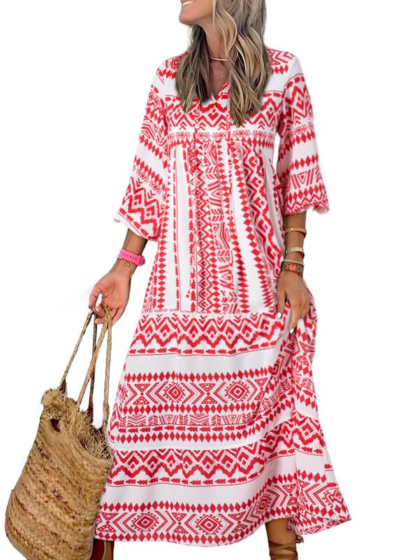 LB | WINONA ���� DAMSKA SUKIENKA MAXI Z BUFIASTYMI RĘKAWAMI W GEOMETRYCZNYM STYLU BOHO