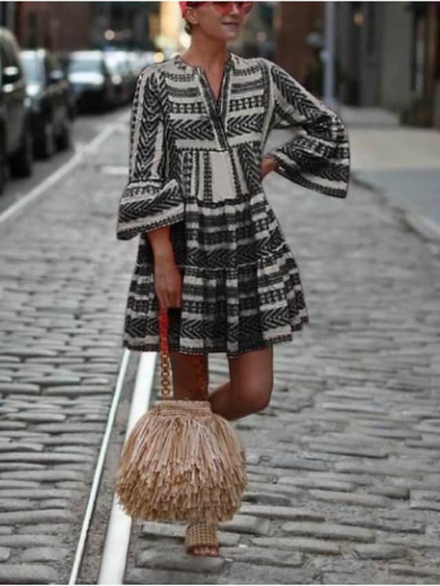 LB | Sukienka Swing Krótka Mini Sukienka Czarny Niebieski Różowy Zielony 3/4 Rękaw Geometryczny Nadruk Wiosna Lato V-Neck Boho Flare Mankiet Rękaw 2021 S M L XL XXL 3XL