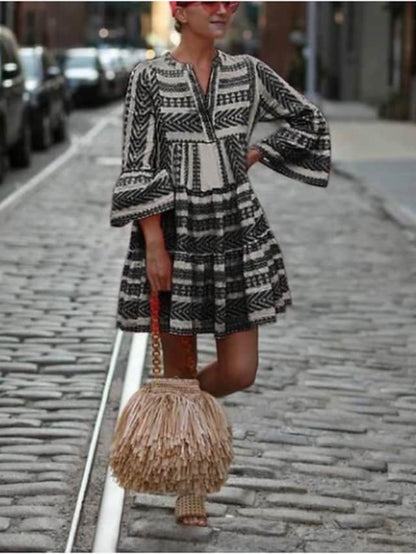 LB | Sukienka Swing Krótka Mini Sukienka Czarny Niebieski Różowy Zielony 3/4 Rękaw Geometryczny Nadruk Wiosna Lato V-Neck Boho Flare Mankiet Rękaw 2021 S M L XL XXL 3XL