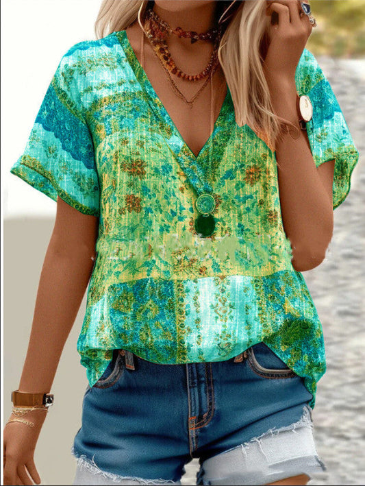 LB | Damska koszulka Boho V-Neck z krótkim rękawem