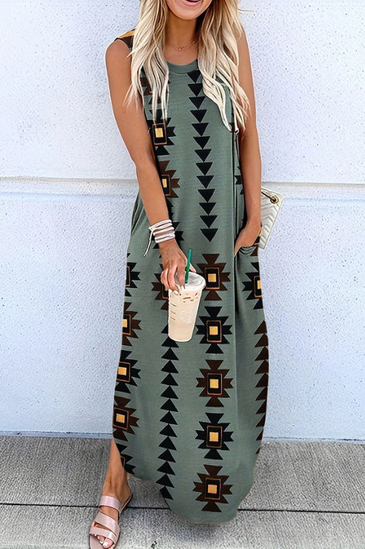 LB | Celina Geometric Hippie Print Dzianinowa sukienka maxi z kieszeniami Celina Geometric Hippie Print