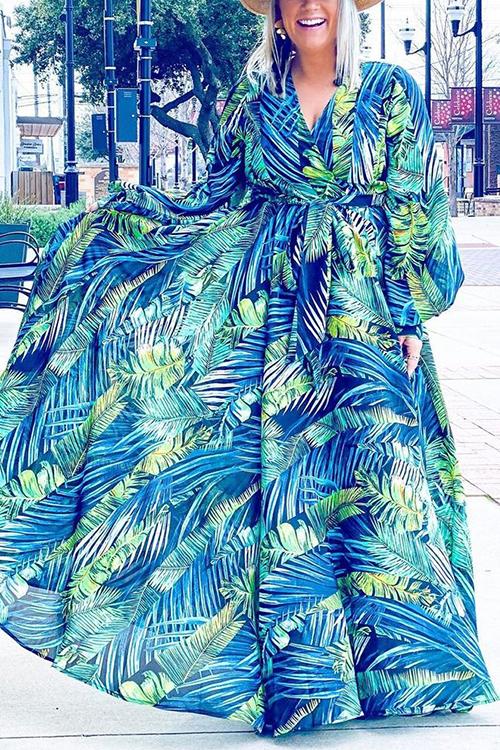 LB | Leaf Print Belt Wrap Long Sleeve Maxi Dress