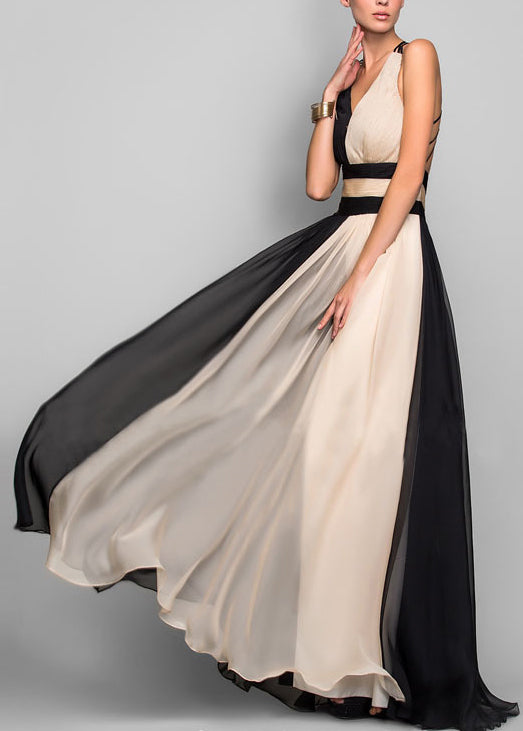 LB | French Colorblock V-neck patchworkowa sukienka maxi bez rękawów