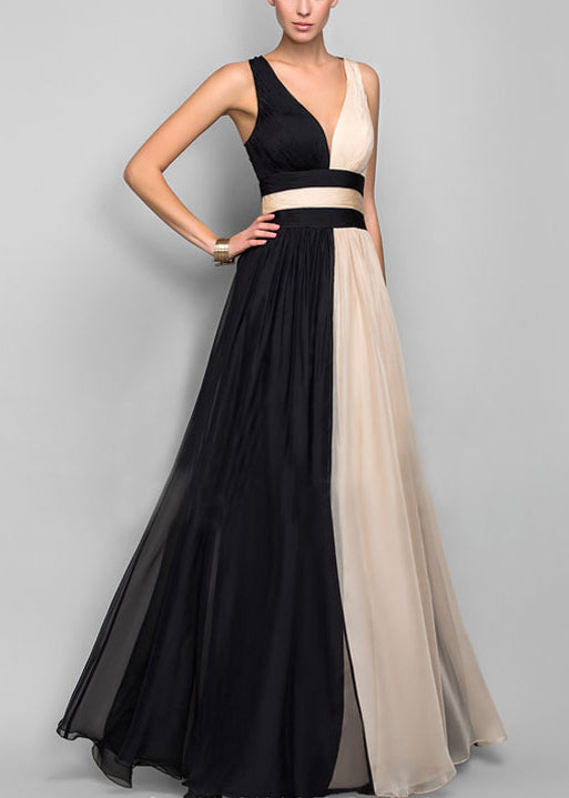 LB | French Colorblock V-neck patchworkowa sukienka maxi bez rękawów