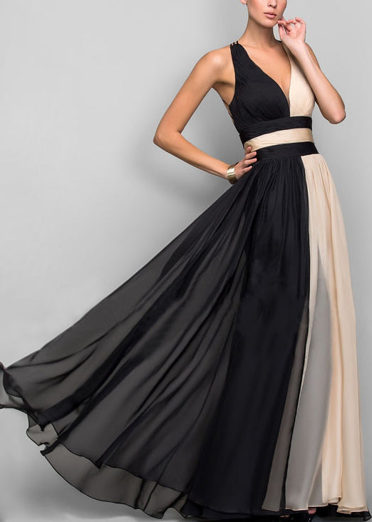 LB | French Colorblock V-neck patchworkowa sukienka maxi bez rękawów