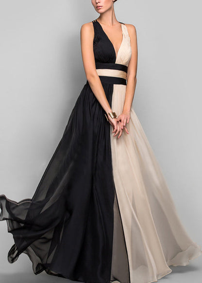 LB | French Colorblock V-neck patchworkowa sukienka maxi bez rękawów