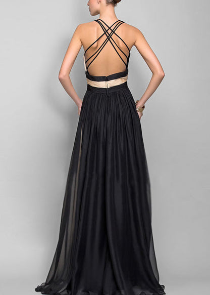 LB | French Colorblock V-neck patchworkowa sukienka maxi bez rękawów