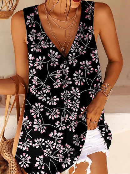 LB | Koszulka z nadrukiem V-Neck Twist Button Sleeveless Tank Top T-Shirt