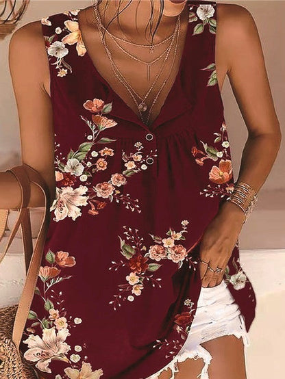 LB | Koszulka z nadrukiem V-Neck Twist Button Sleeveless Tank Top T-Shirt
