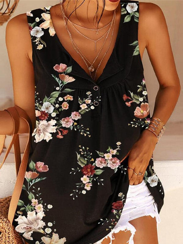 LB | Koszulka z nadrukiem V-Neck Twist Button Sleeveless Tank Top T-Shirt