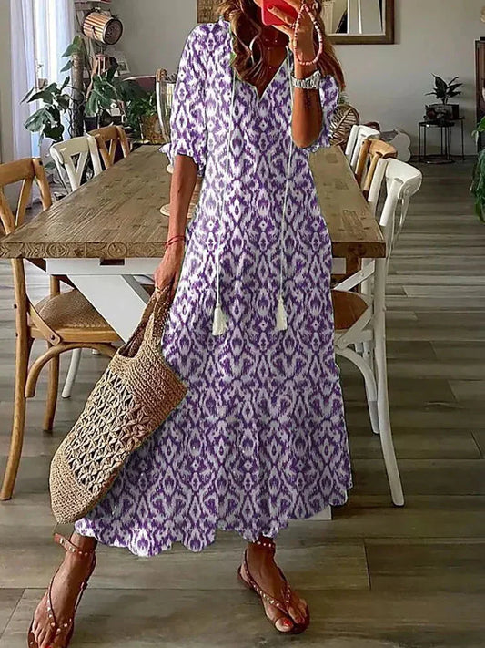 LB | Boho wzorzysta sukienka midi z krótkim rękawem
