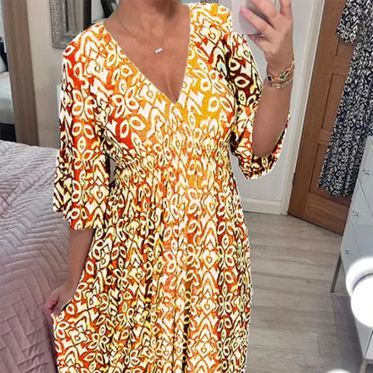 AS | Casualowa sukienka boho z dekoltem V i półdługimi rękawami