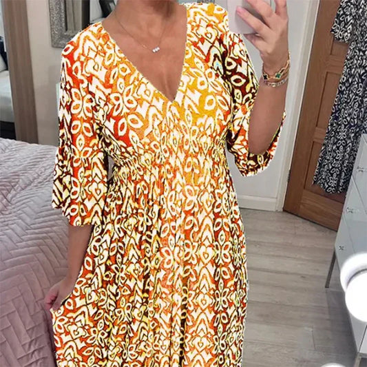 AS | Casualowa sukienka boho z dekoltem V i półdługimi rękawami
