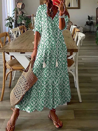 LB | Boho wzorzysta sukienka midi z krótkim rękawem