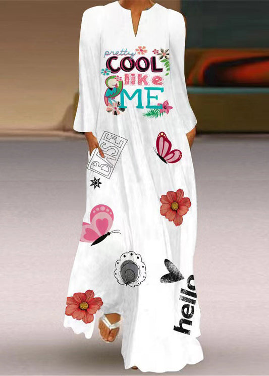 LB | Vogue White Print Pockets Maxi Dress Długi rękaw