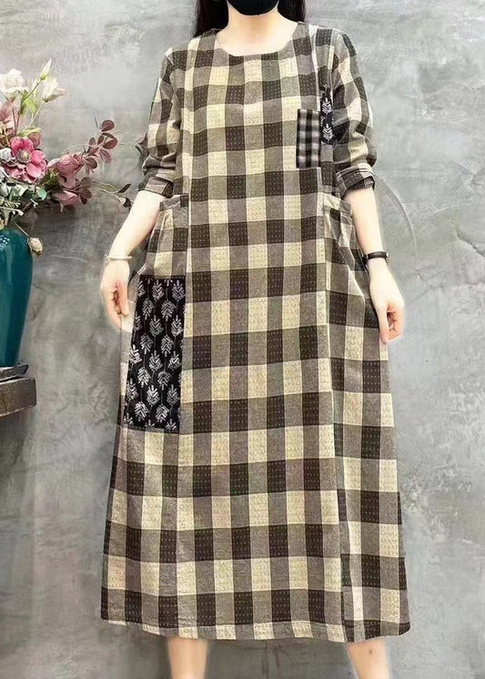 LB | Women Bright Chequered O-Neck Pockets Print Patchwork Maxi Dress Długi rękaw