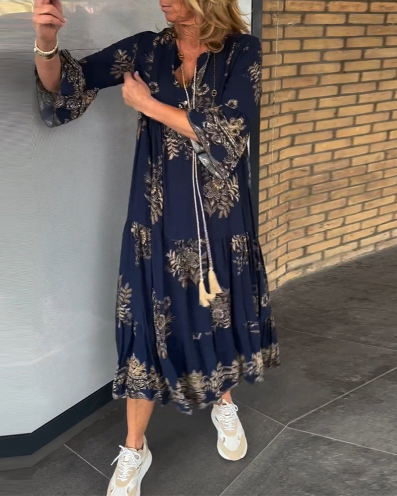 LB | Nora ���� Vintage luźna sukienka midi z dekoltem w szpic