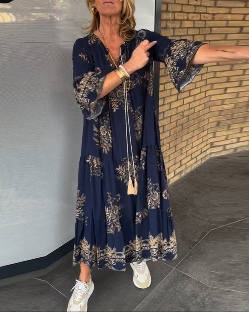 LB | Nora ���� Vintage luźna sukienka midi z dekoltem w szpic