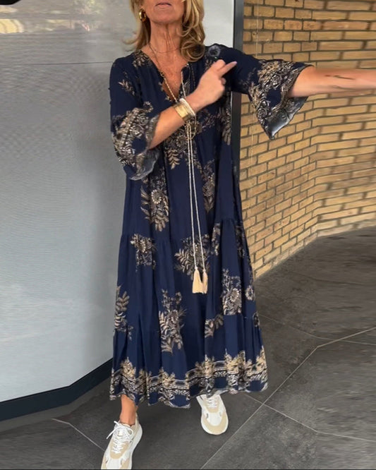 LB | Nora ���� Vintage luźna sukienka midi z dekoltem w szpic